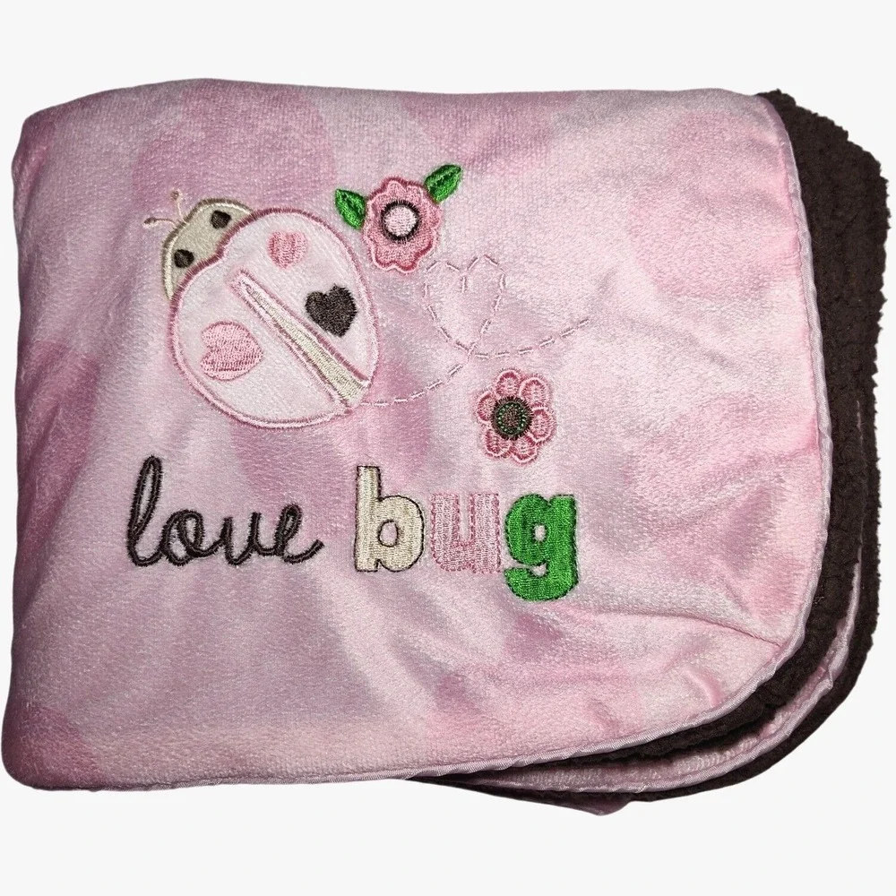 Kristen Hanah‎ Plush Ladybug Love Bug Baby Blanket Pink Hearts Brown Sherpa
